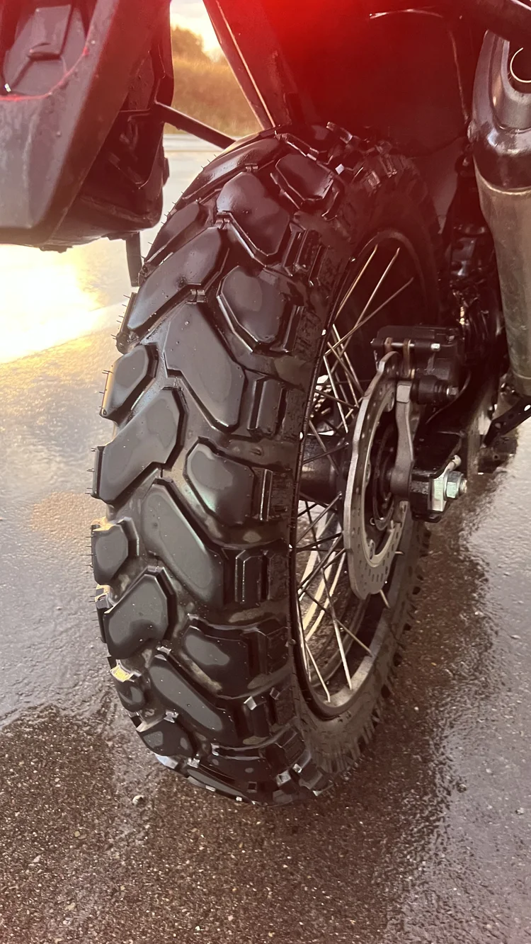 Mitas Enduro Trail+ tire on an adventure motorcycle