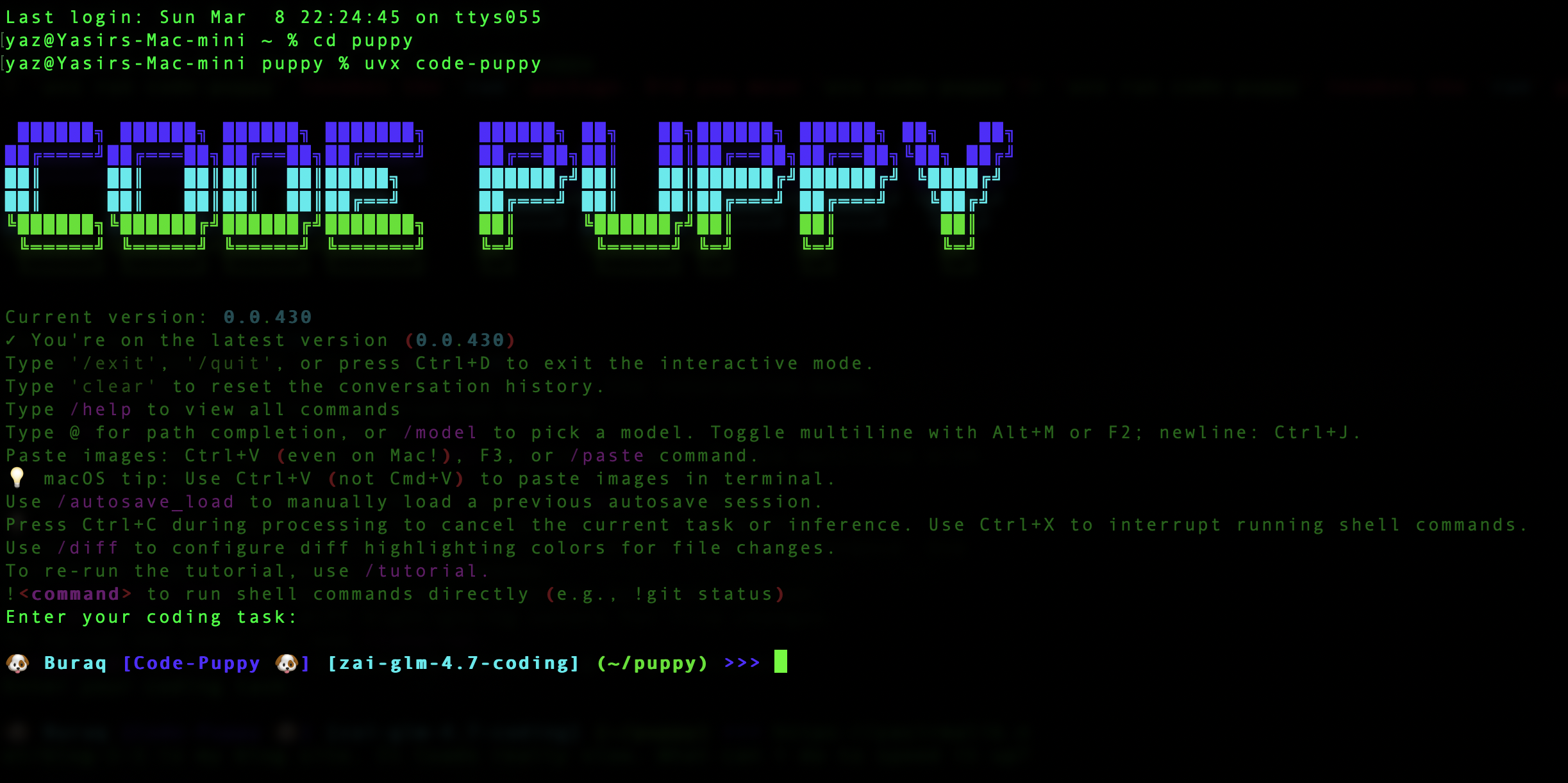 Public Version of the Code-Puppy that runs on my personal Mac Mini using Z.ai GLM 4.7 through a $30/year Coding Lite plan.